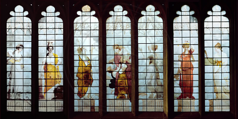 The Seven Cardinal Virtues, stained glass, 18th century, designed by Joshua Reynolds and painted by Thomas Jervais