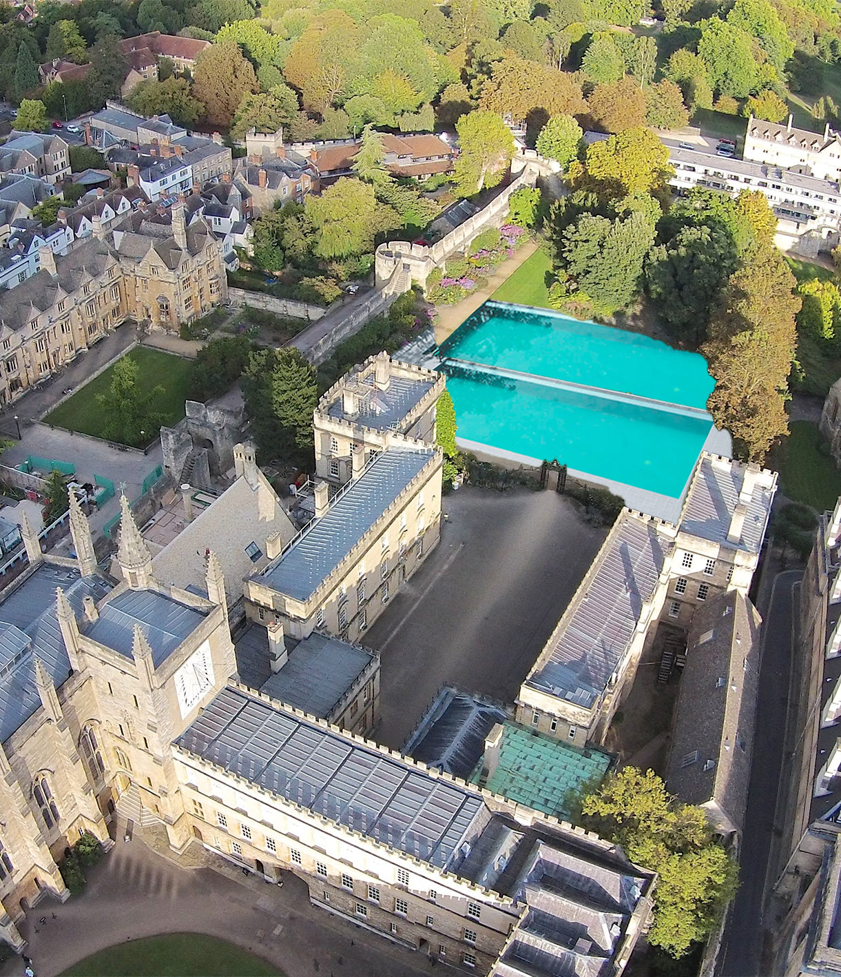 Artist mock-up of swimming pool replacing the lawn in Garden Quad in front of the Mound, with existing New College buildings surrounding it