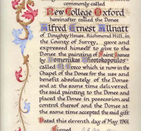 NCA 2814, Certificate recording the gift by Alfred Allnott to New College of El Greco's painting of St James, 1961