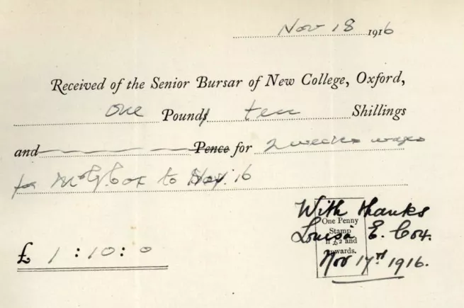 November 1916 Receipt, New College Archives, Oxford