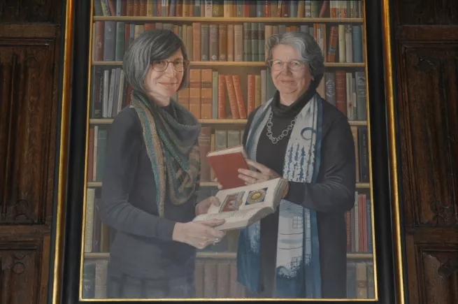 Paula Wilson, Portrait of New College, Oxford's first women JCR and MCR Presidents, Caroline Kay and Ruth Mazo Karras (2019)