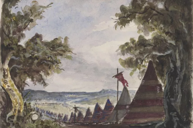 A watercolour painting of a row of tents in a line in a field. There are two trees in the foreground of the painting.