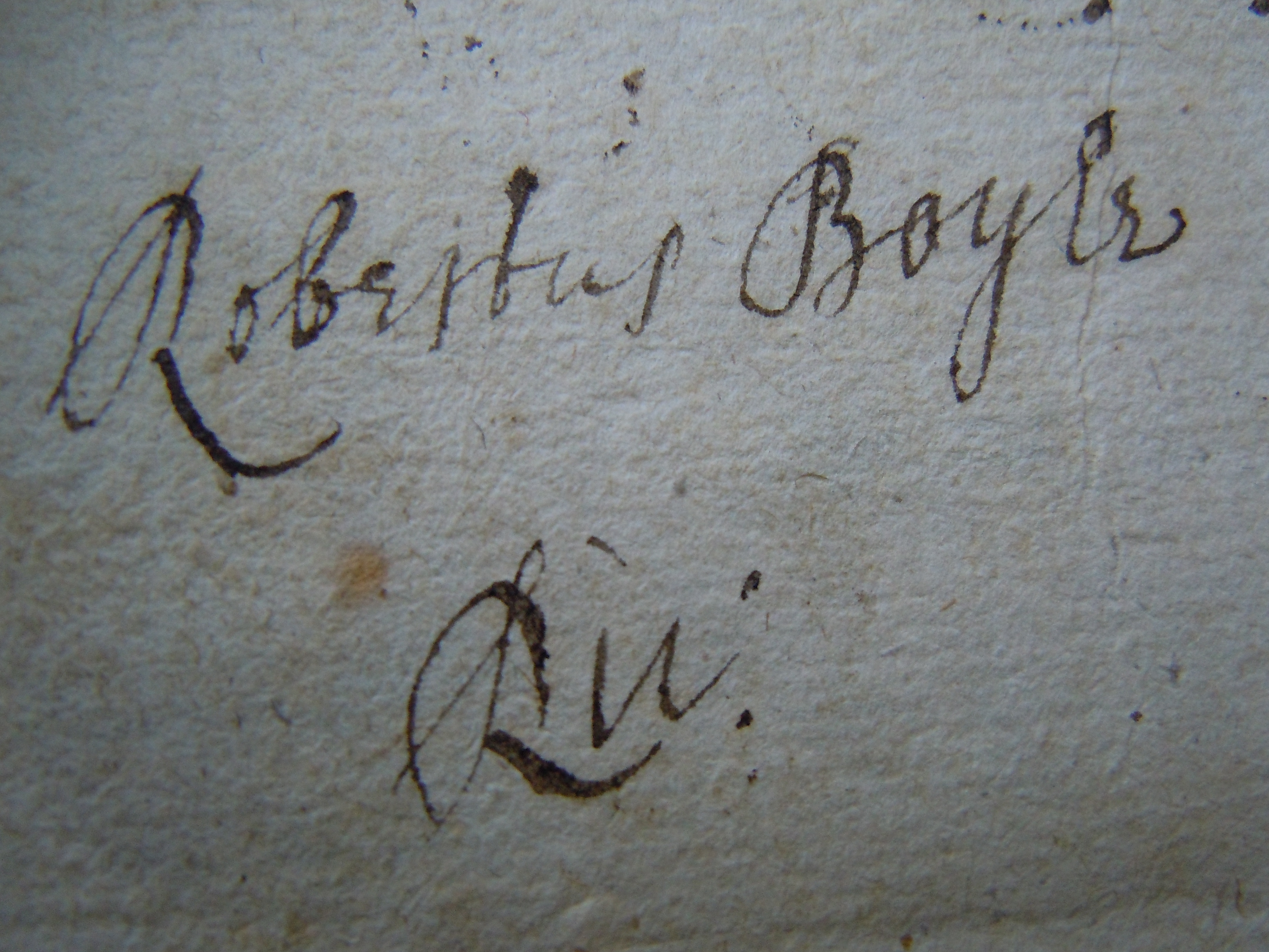 BT3.247.18, end flyleaf verso,  Robert Boyle’s signature, Robert Boyle’s Nova experimenta physico-mechanica de vi aeris elastica (1661)