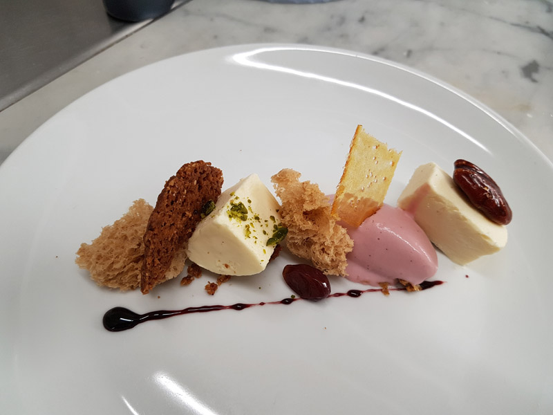 Goats cheese bavarois, port ice cream, walnuts