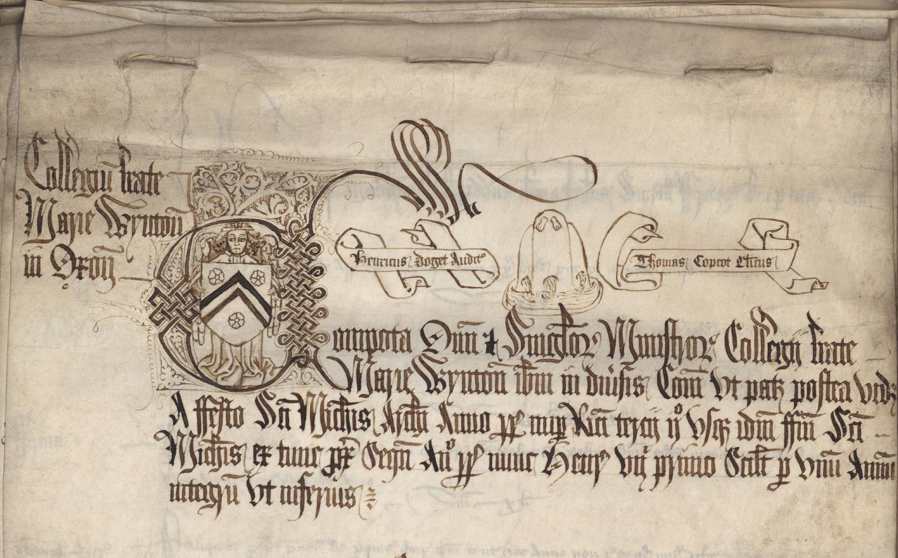 NCA 7441, Ornate heading to the account roll written by Thomas Copcot and audited by Henry Doget, 1484-5 (year 2-3 Ric. III)