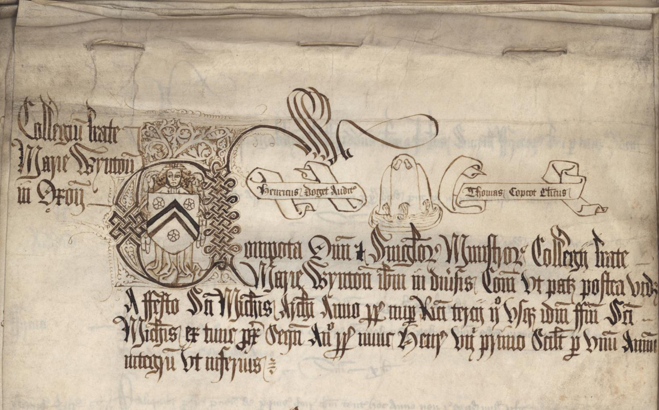 NCA 7441, Ornate heading to the account roll written by Thomas Copcot and audited by Henry Doget, 1484-5 (year 2-3 Ric. III) NCA 7441, Ornate heading to the account roll written by Thomas Copcot and audited by Henry Doget, 1484-5 (year 2-3 Ric. III)