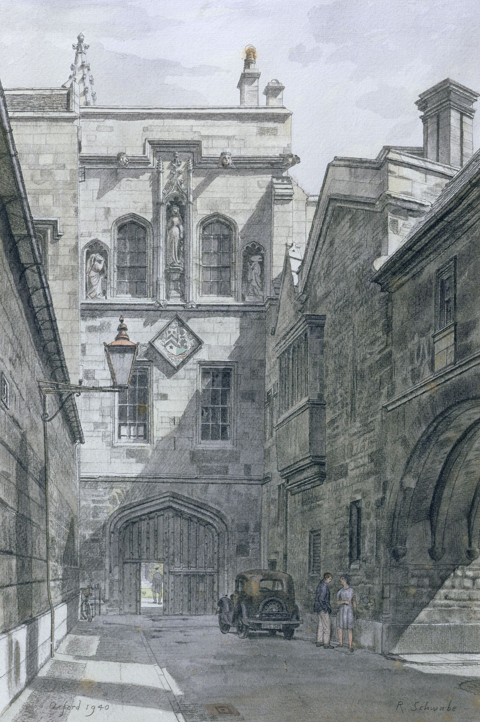 New College Lane Gate; artist: Randolph Schwabe; medium: Watercolour; date:1940.