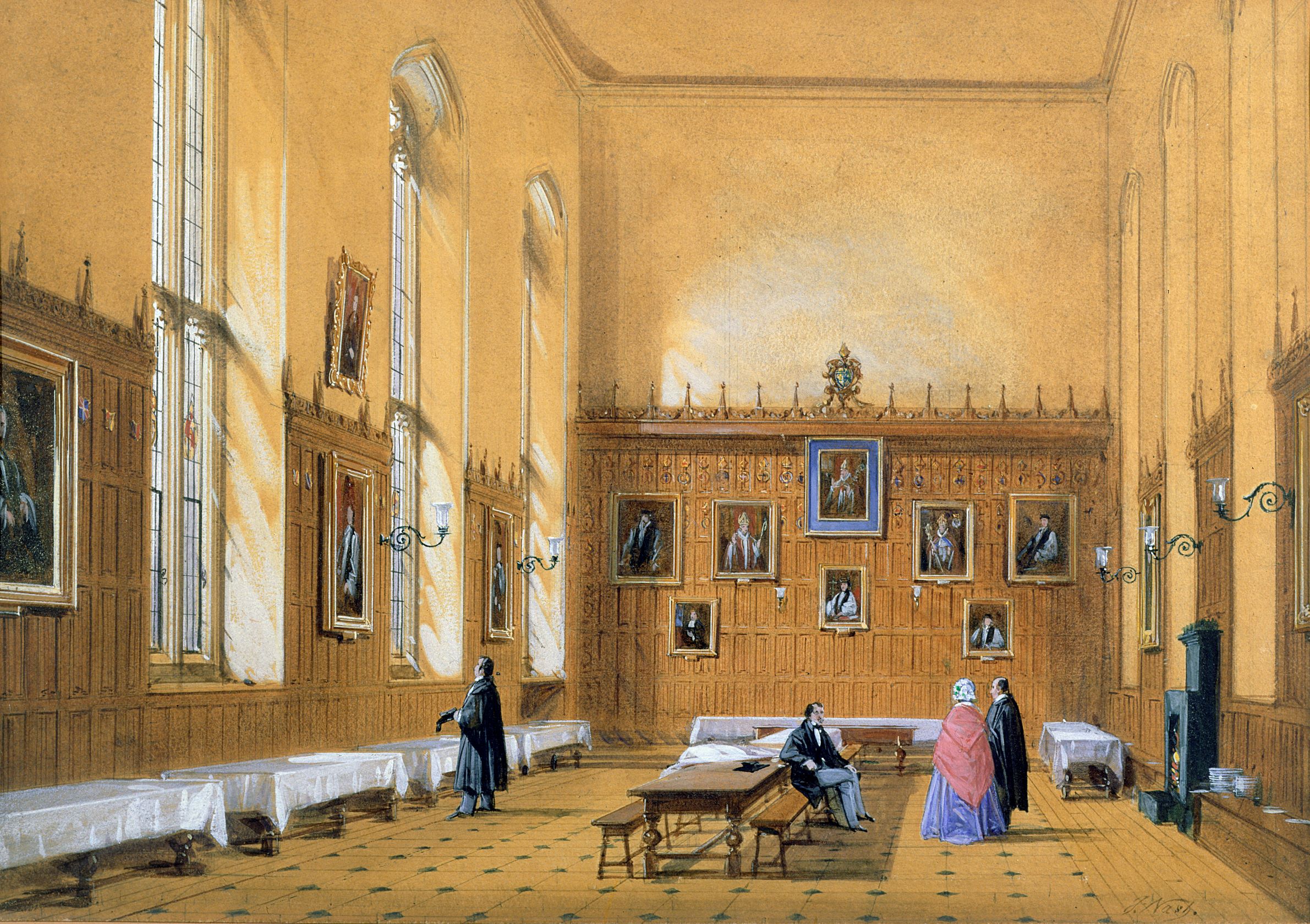 New College Hall; artist:Joseph Nash; medium: Watercolour; date: 1858.