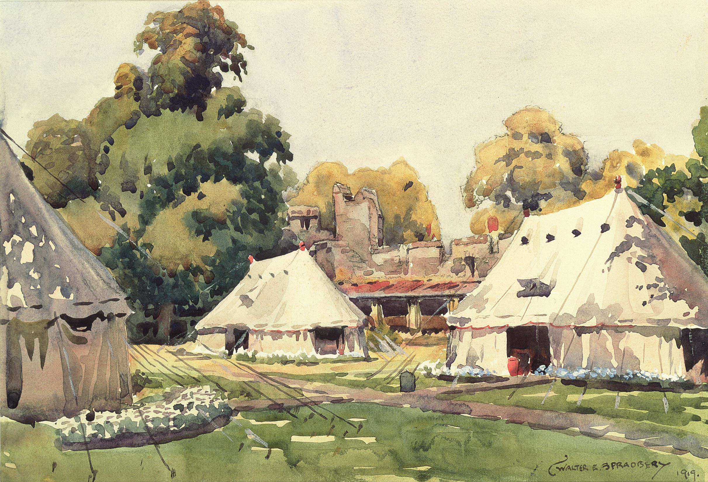 New College Gardens as a field Hospital; artist:Walter Ernest Spradbery; medium: Watercolour; date: 1919.