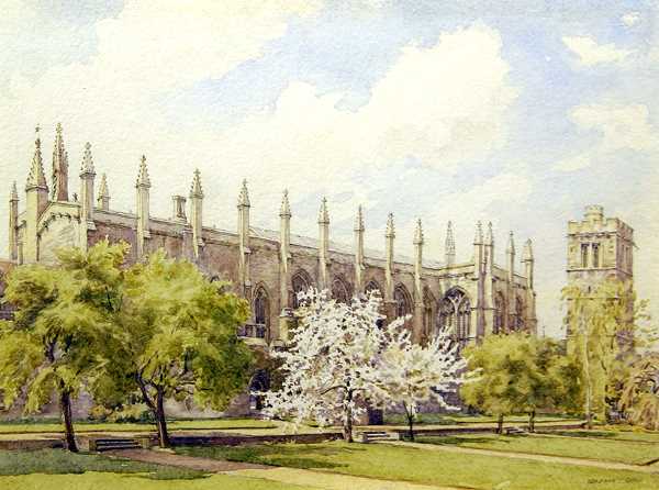 New College Chapel & Bell Tower; artist: Bernard Cecil Gotch; medium: Watercolour; date: 20th century.