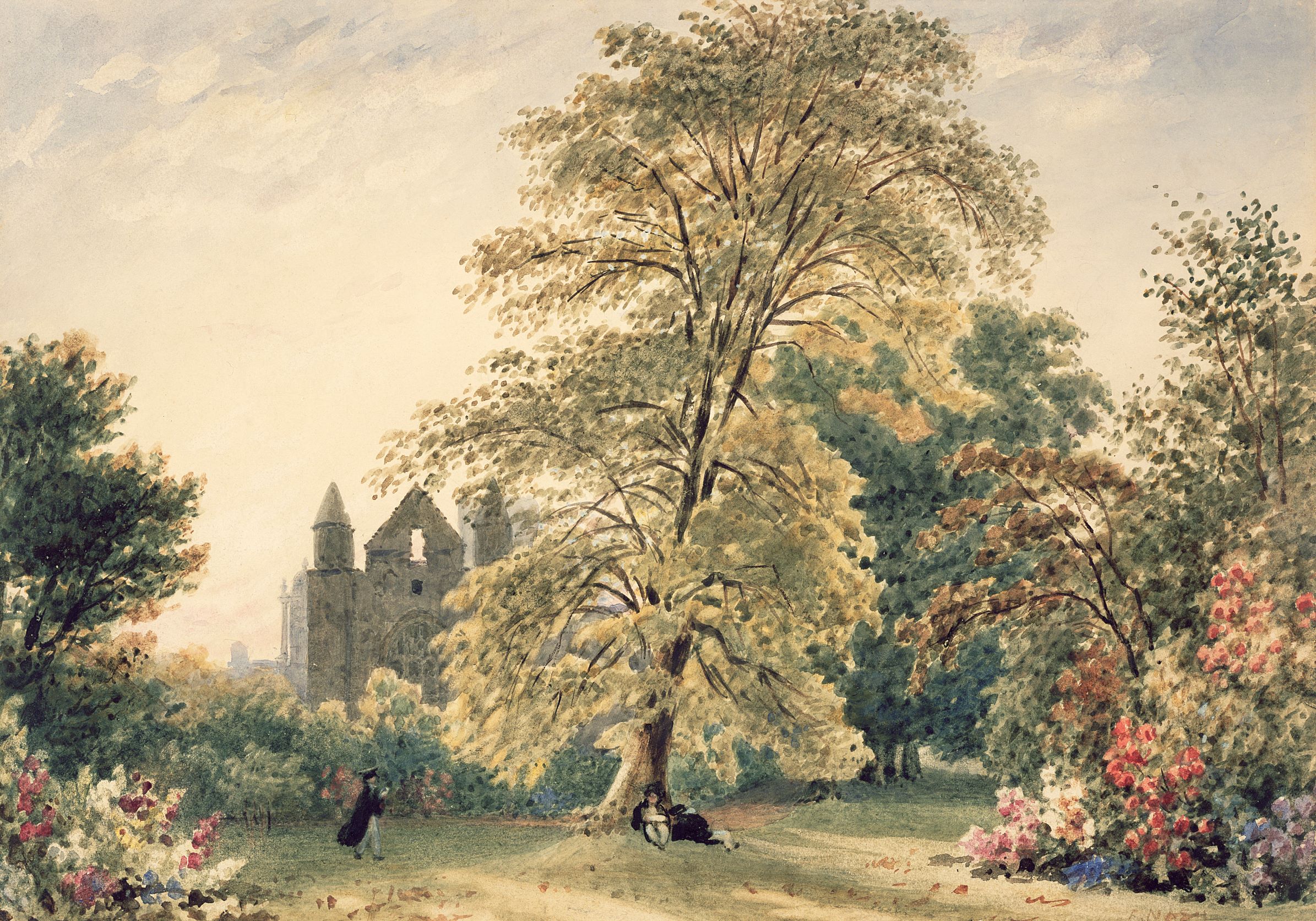 New College Gardens; artist: Frederick Nash; medium:Watercolour; date: 1831.