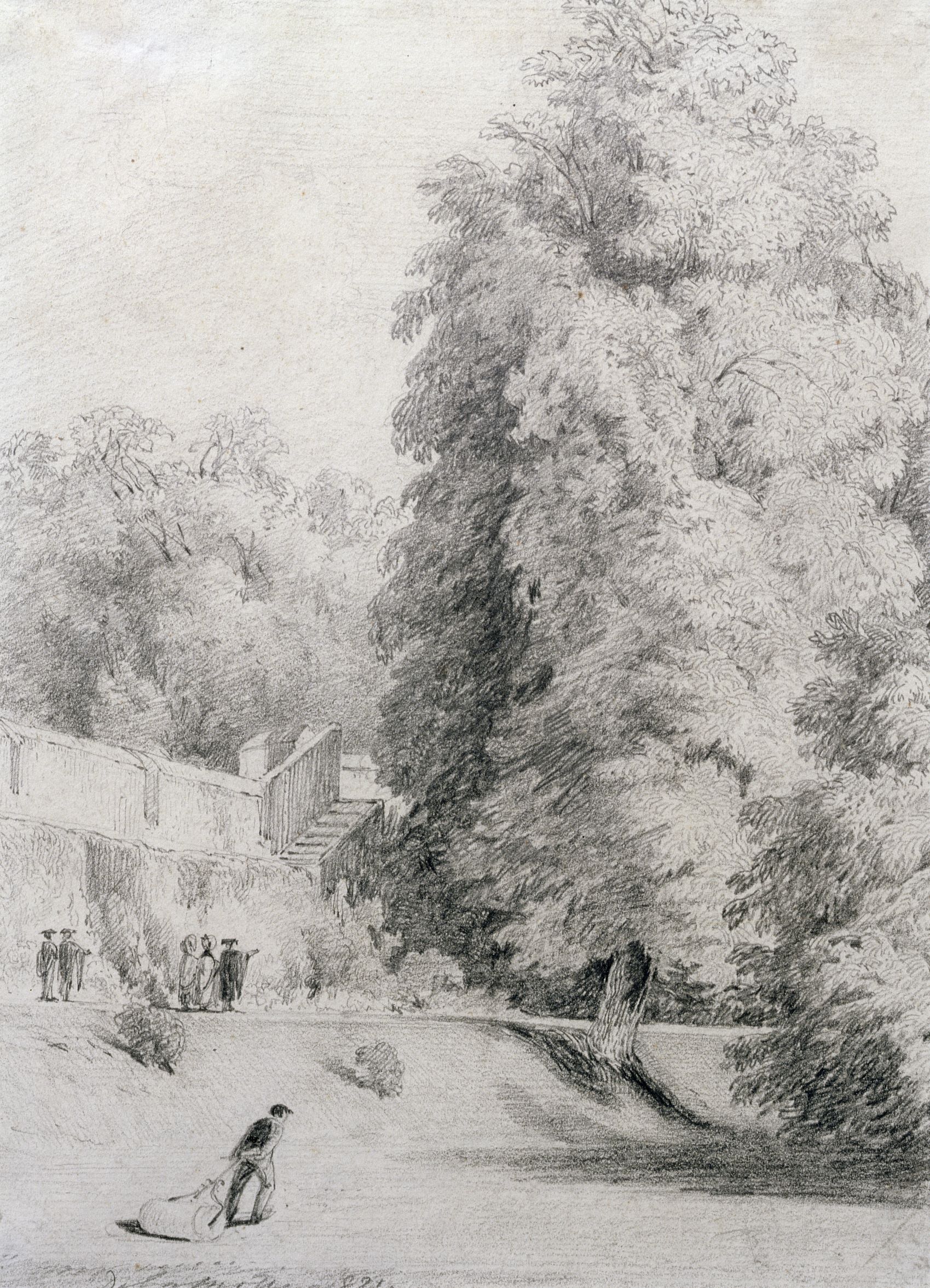 New College Gardens; artist: William Alfred Delamotte; medium: Pencil on Paper; date:1821.