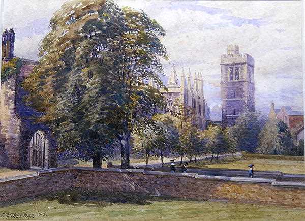 New College with Bell Tower; artist: Charles A. Sheehan; medium: Watercolour; date: 1902