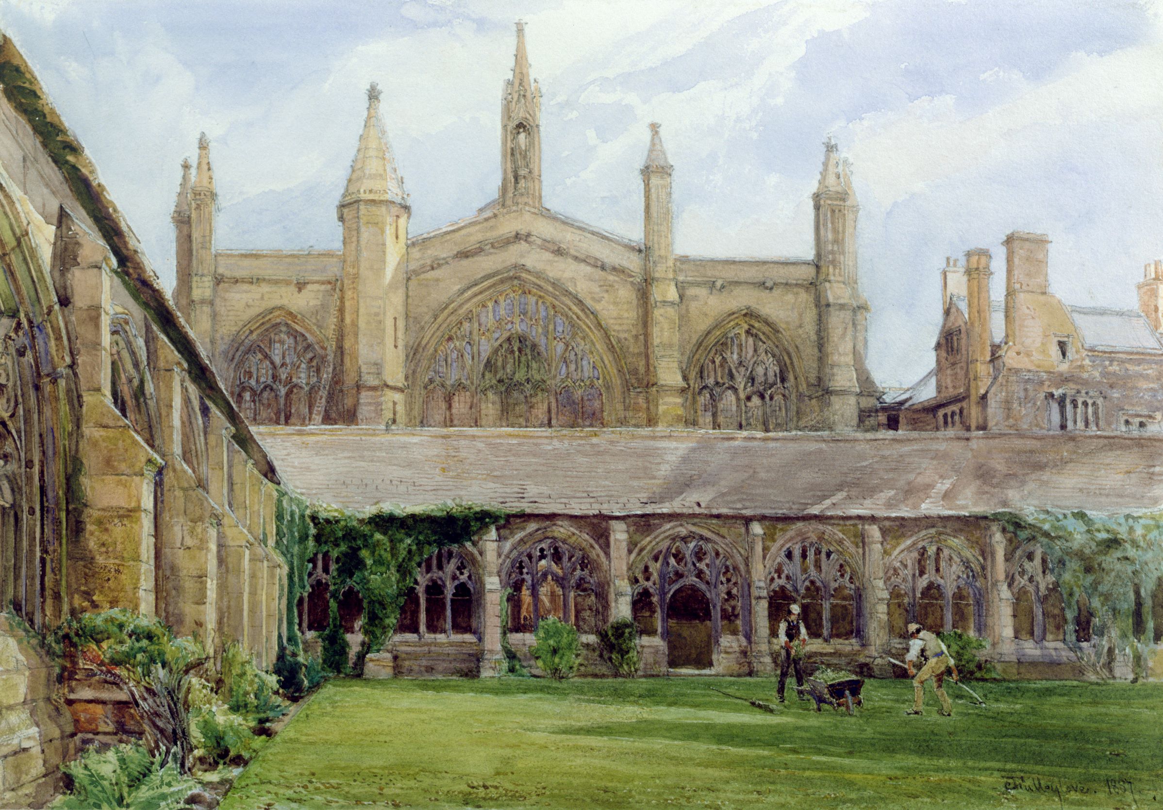 New College Cloisters with Gardeners; artist: John Fulleylove; medium: Pencil & Watercolour; date: 1887.
