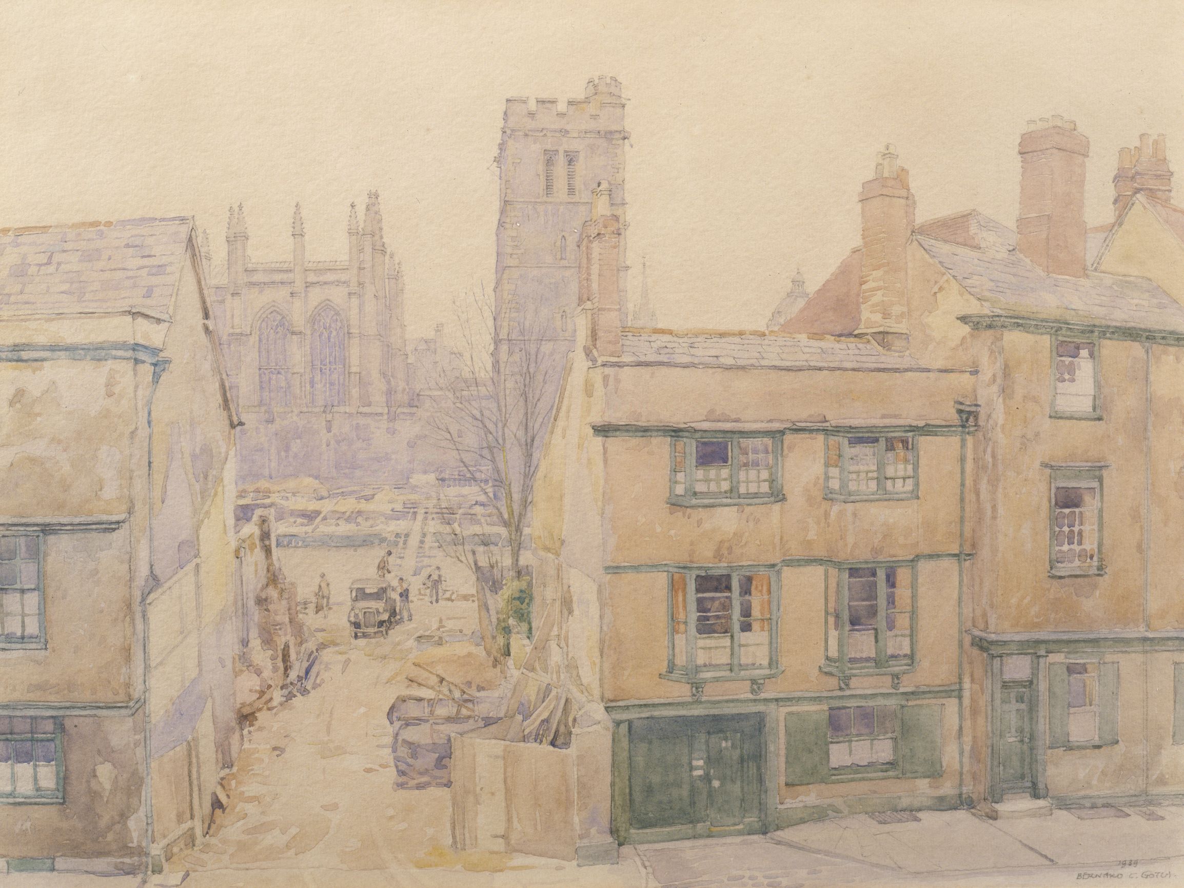 New College from Holywell showing the contruction of the Memorial Library; artist: Bernard Cecil Gotch; medium: Watercolour: date: 20th century.