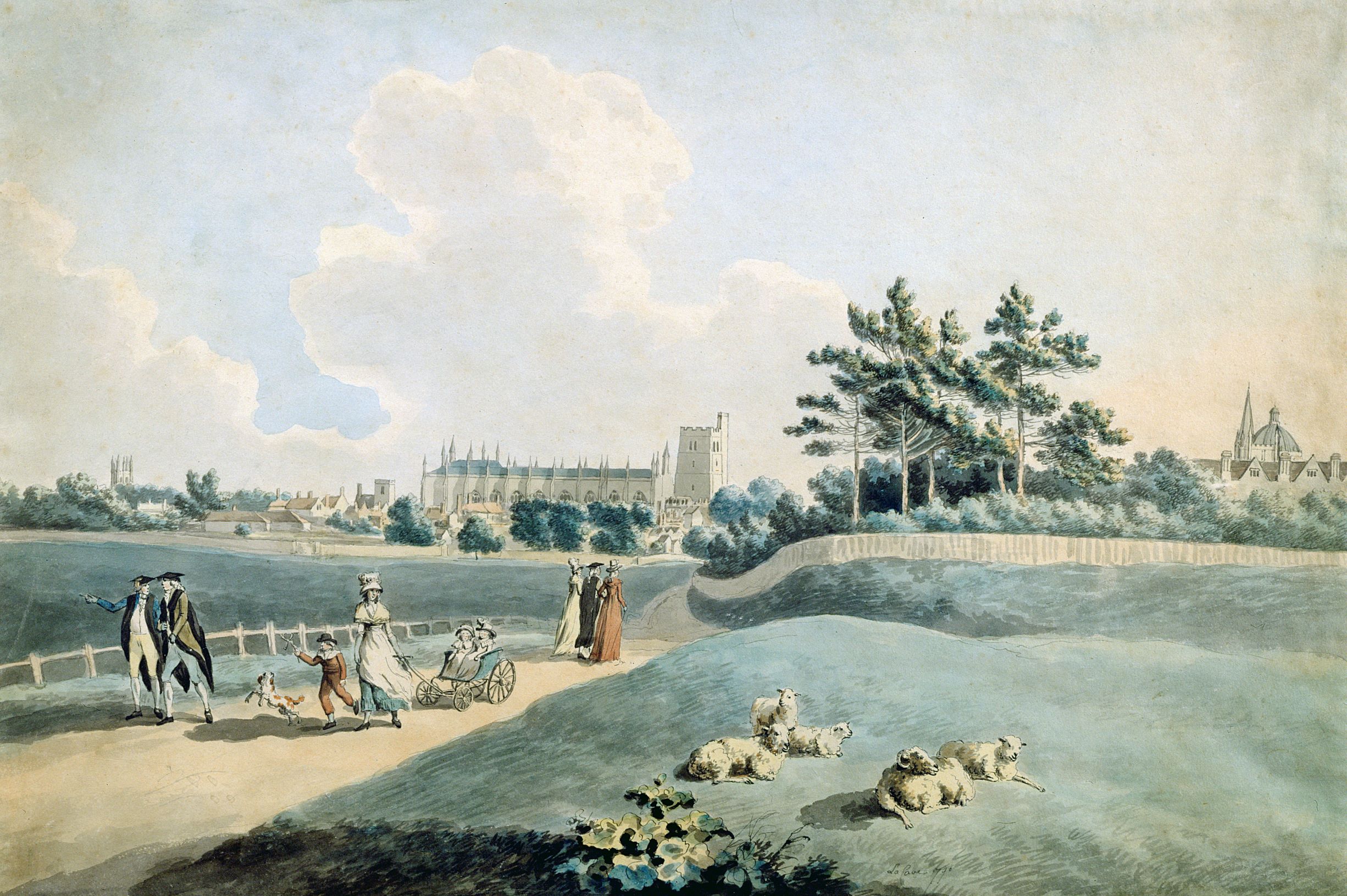 New College from the Parks; artist: Peter Le Cave; medium: Watercolour; date: c.1790.
