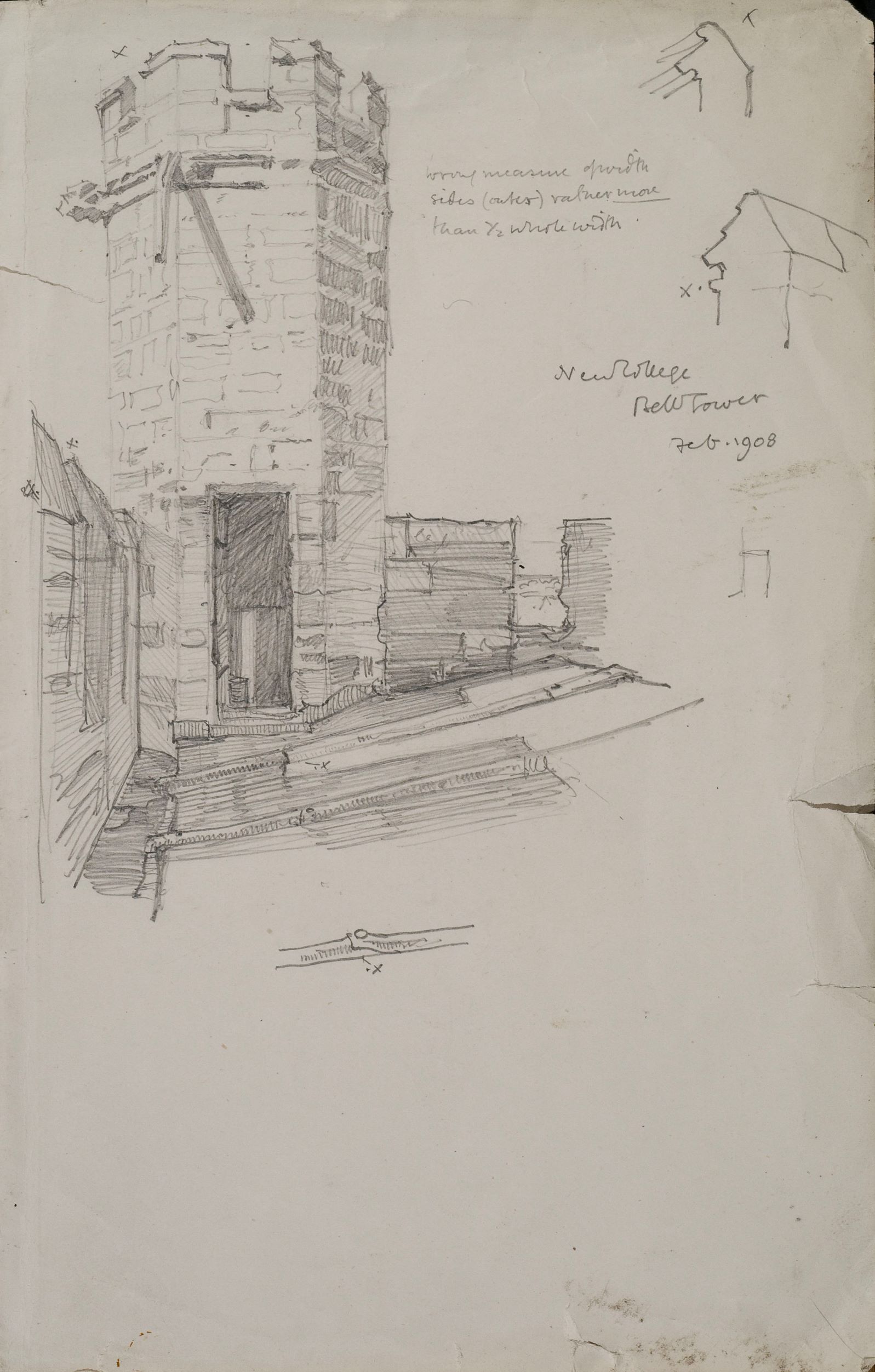 Sketch of the Bell Tower showing detail of the leaded roof; artist: Edmund Hort; medium: Pencil on Paper; date:1908.