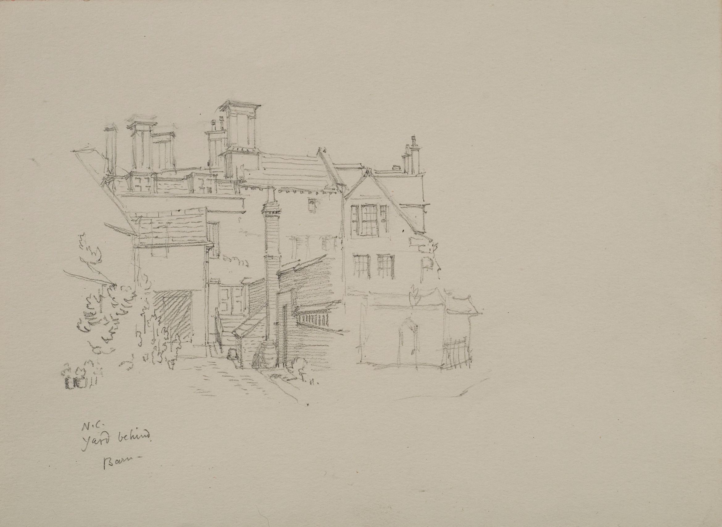 Sketch of the yard behind the Barn, New College; artist: Edmund Hort; medium: Pencil on Paper; date: 20th century.