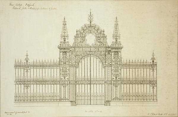 Preparatory drawing: Garden Gates & Railings; artist: Sir George Gilbert Scott; medium: Pen & Ink on Paper; date:1874.