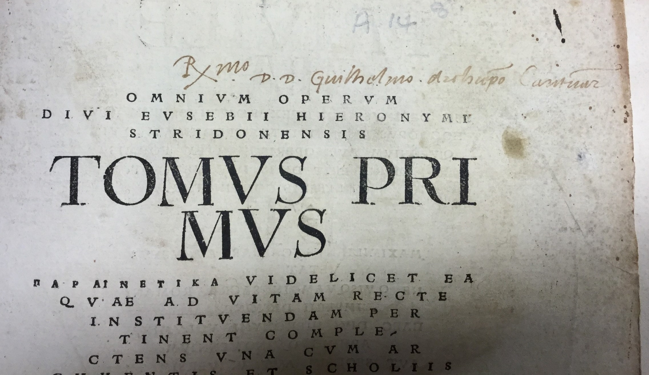 BT1.74.9, Erasmus’s inscription to the title-page of St Jerome, Omnium operum Diui Eusebij Hieronymi Stridonensis tomus primus (1516)