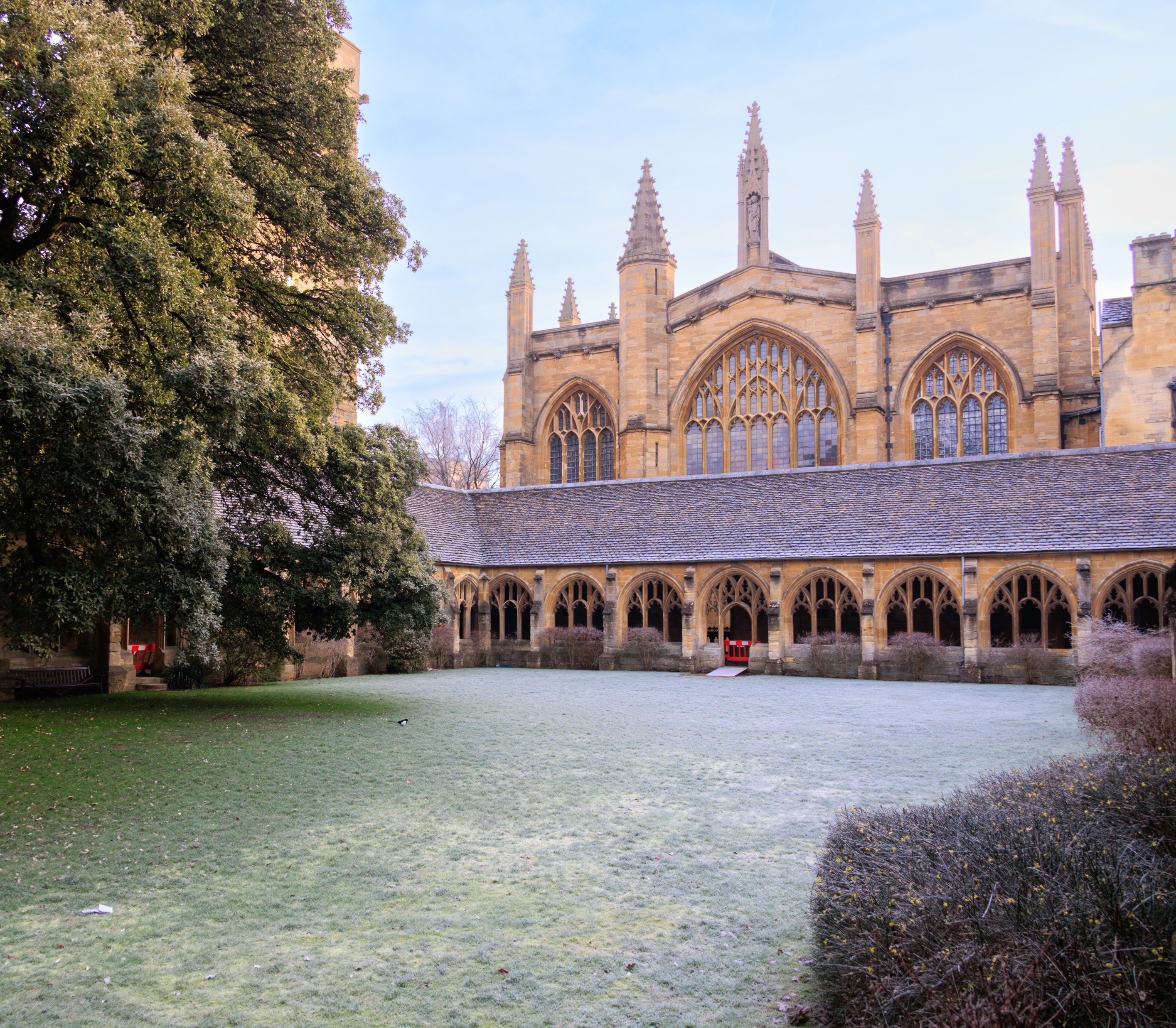 West end of the chapel from the cloisters in frost