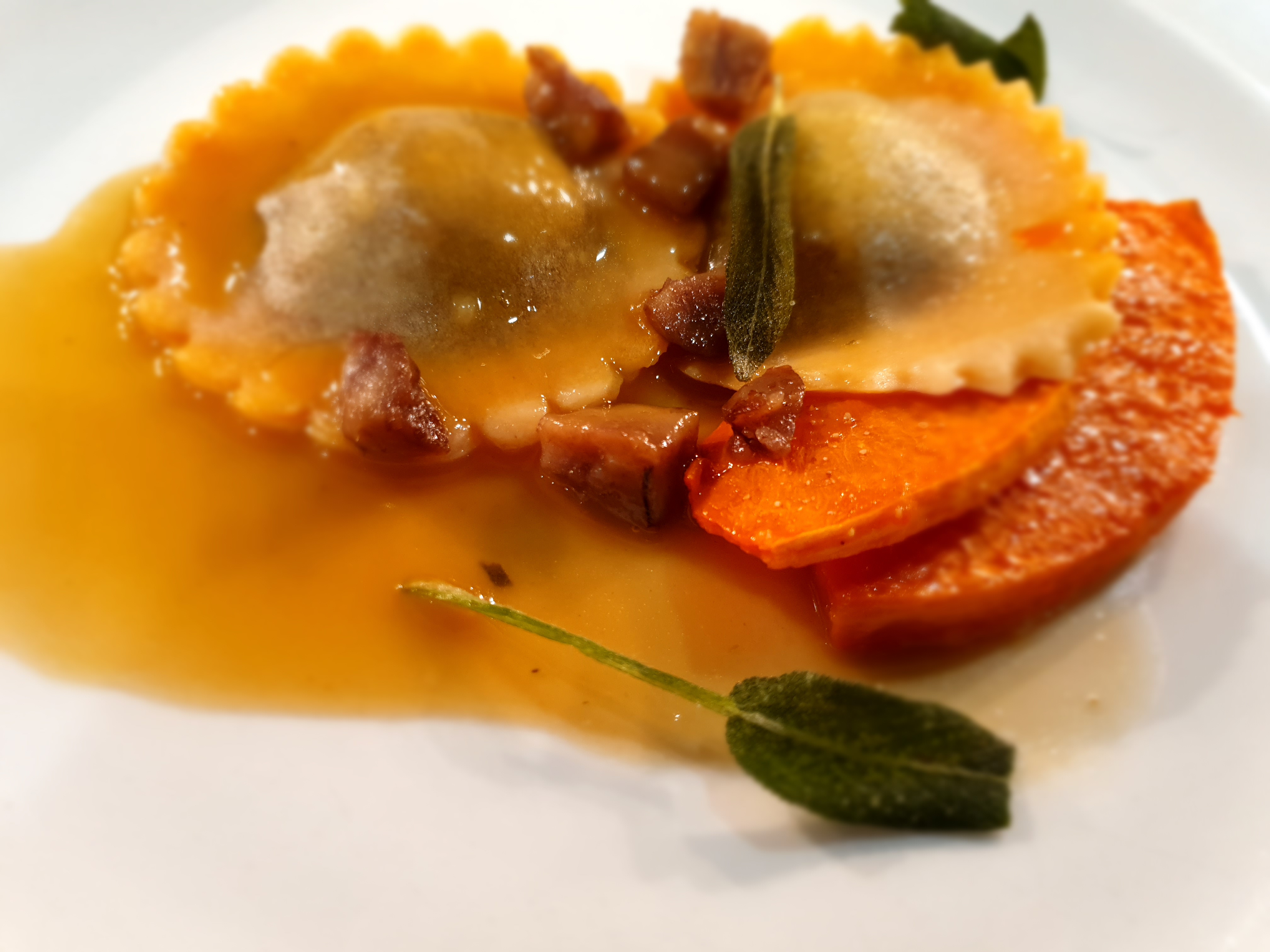 Cotswold nduja & honey ravioli, pumpkin sage & chestnuts