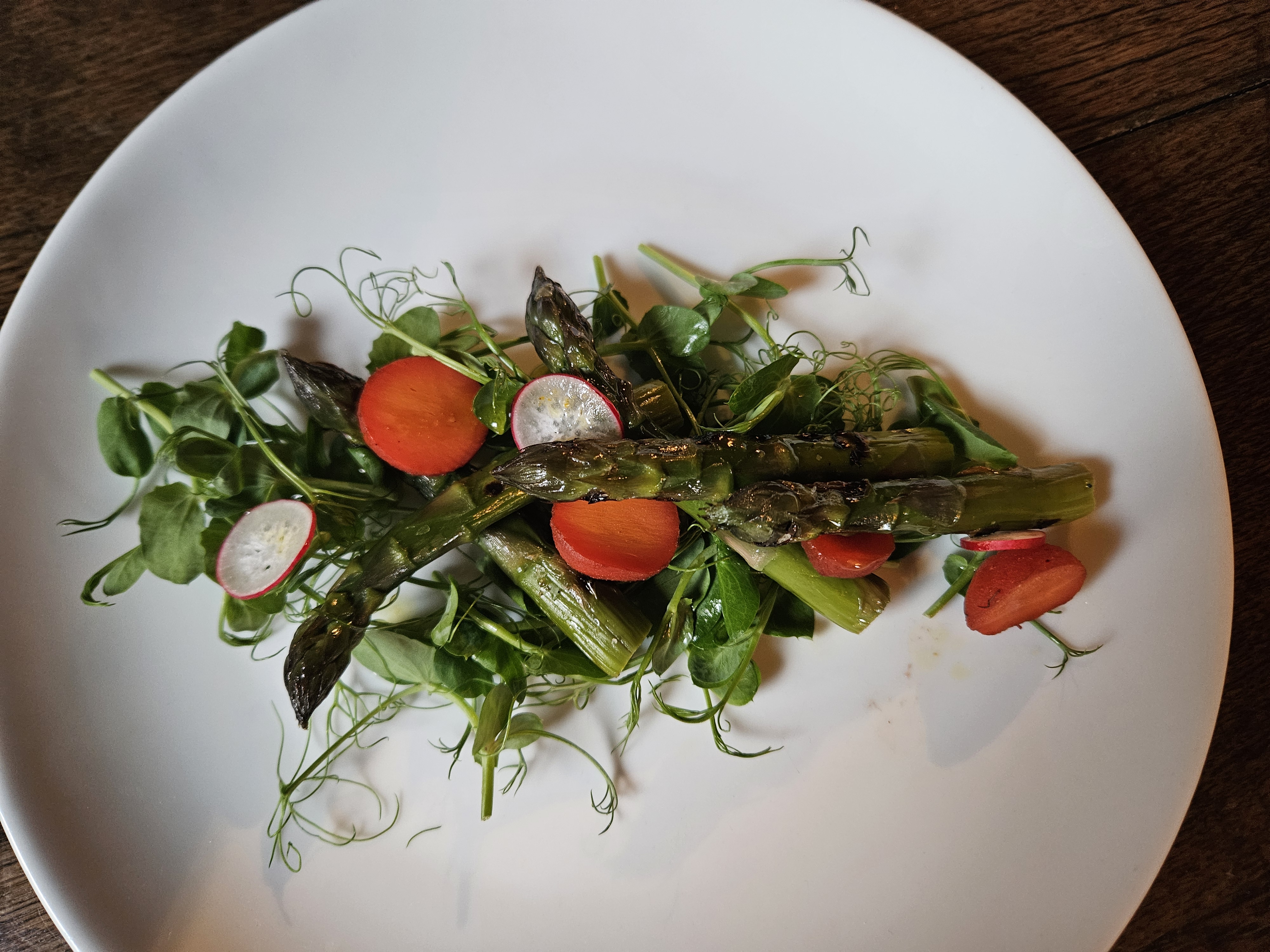 New College asparagus, pea shoot salad