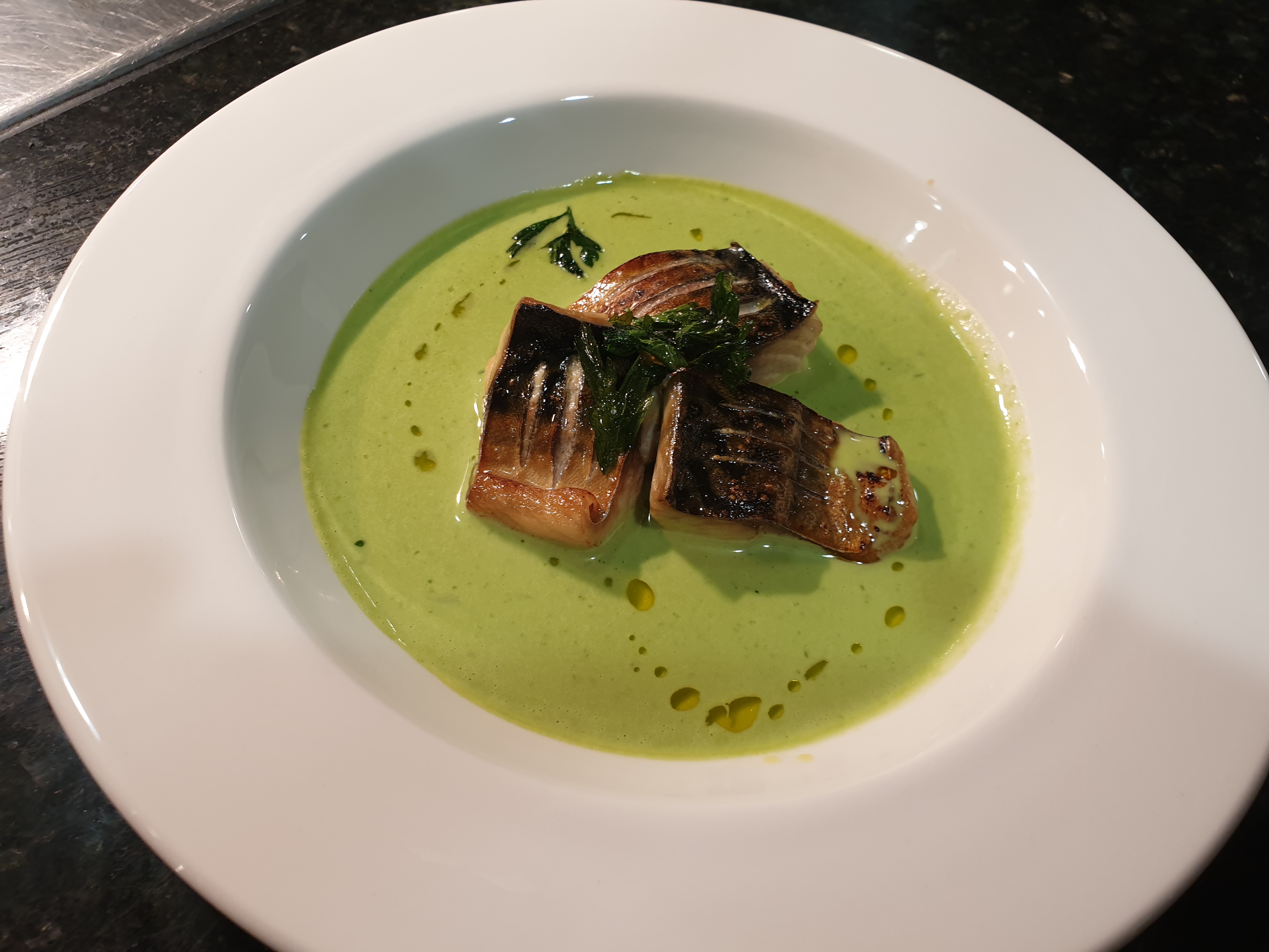 New College smoked mackerel, parsley veloute