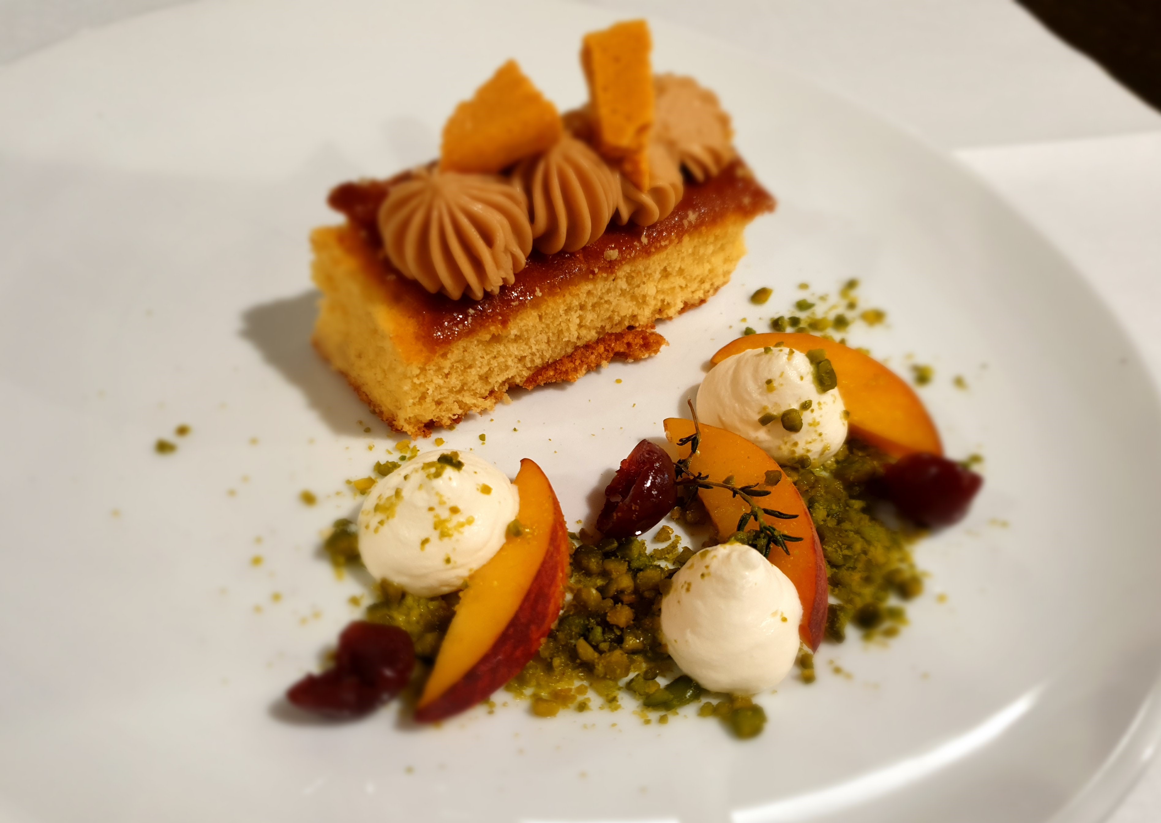 Orange & almond cake, thyme roast peaches, vanilla yoghurt