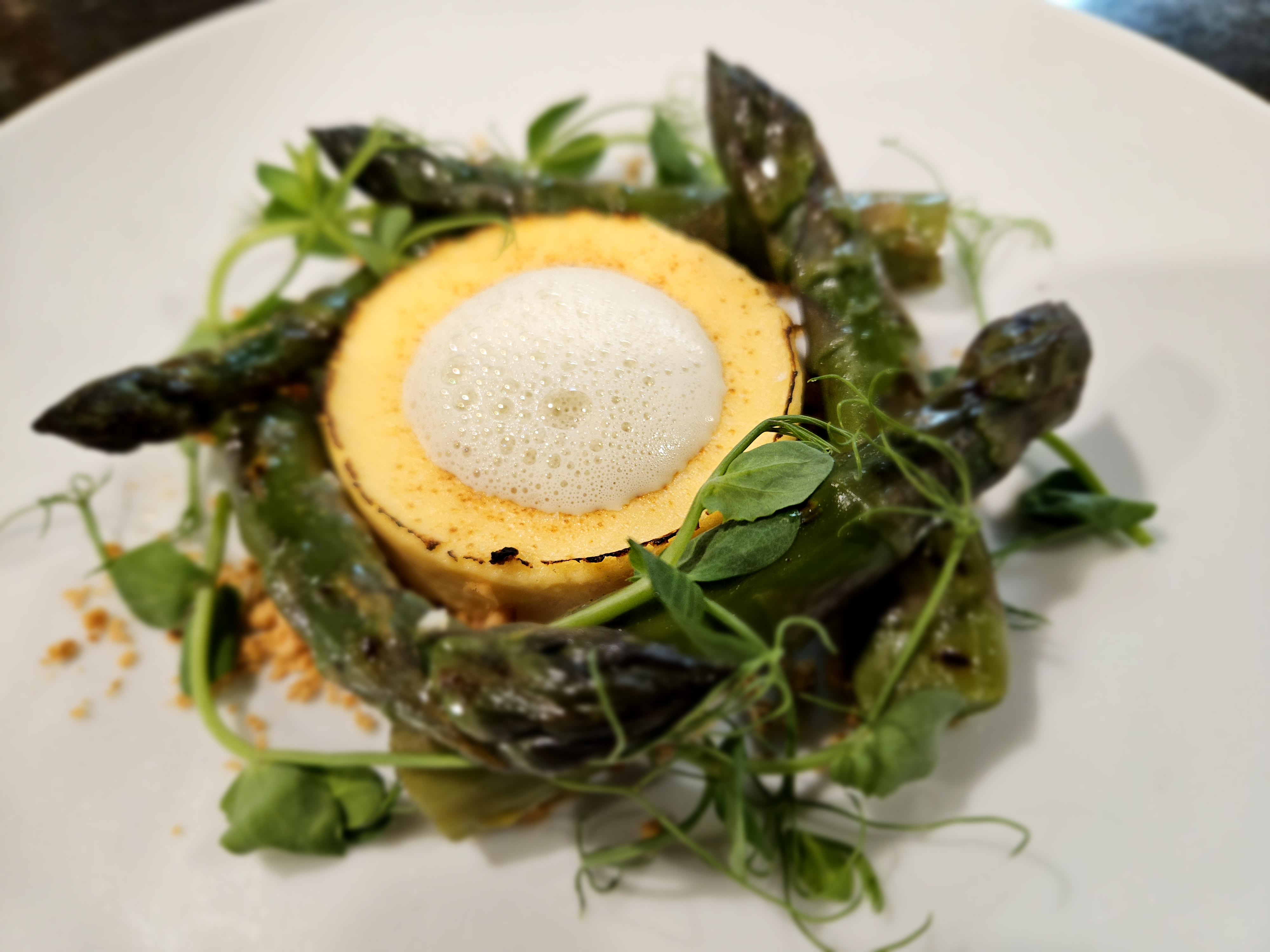 Sinodun Hill goats cheese custard with asparagus from Rectory Farm 