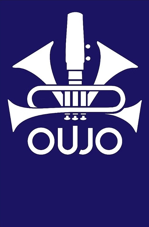 Logo of Oxford University Jazz Orchestra, showing brass instruments and white text on blue background