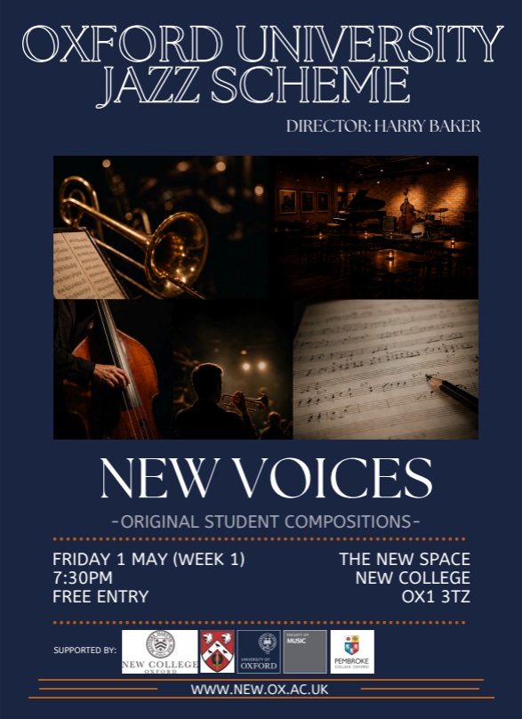 Event poster featuring photos of instruments, sheet music, and the event information
