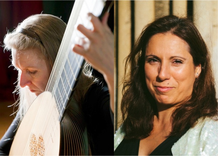 Side-by-side images of Lynda Sayce, playing a theorbo, and Lisete da Silva Bull smiling