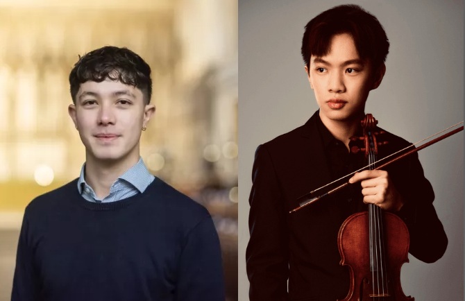 Hugh Rowlands, photographed inside New College Chapel, and Cyrus Yuen holding his violin