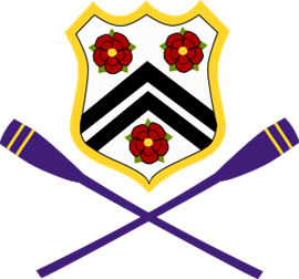 New College Boat Club Logo showing the New College crest above two purple rowing oars with gold stripes on the end of the oars.
