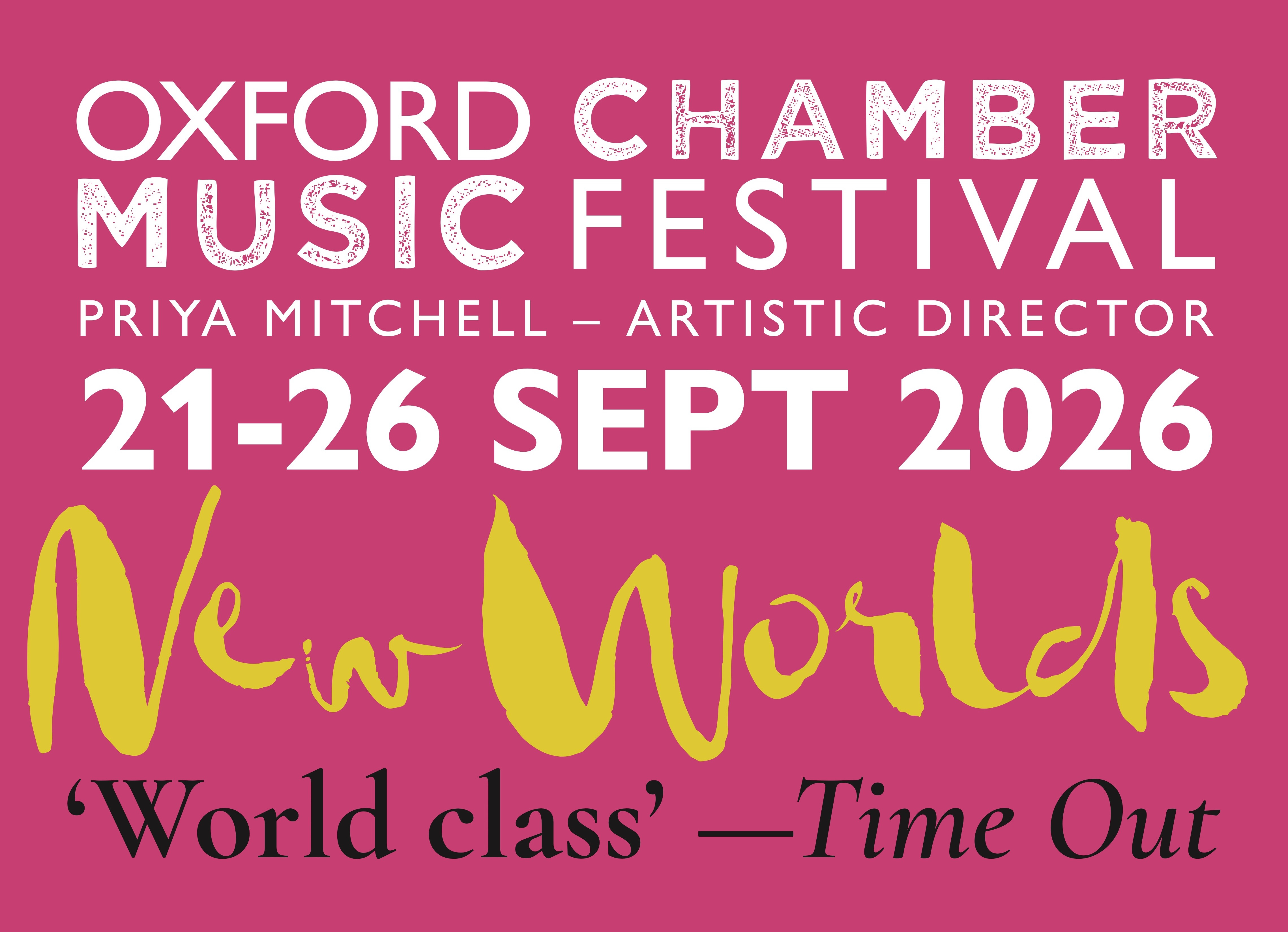 OCMF poster for the 2026 festival, with white lettering on pink background. Festival theme New Worlds in yellow text.