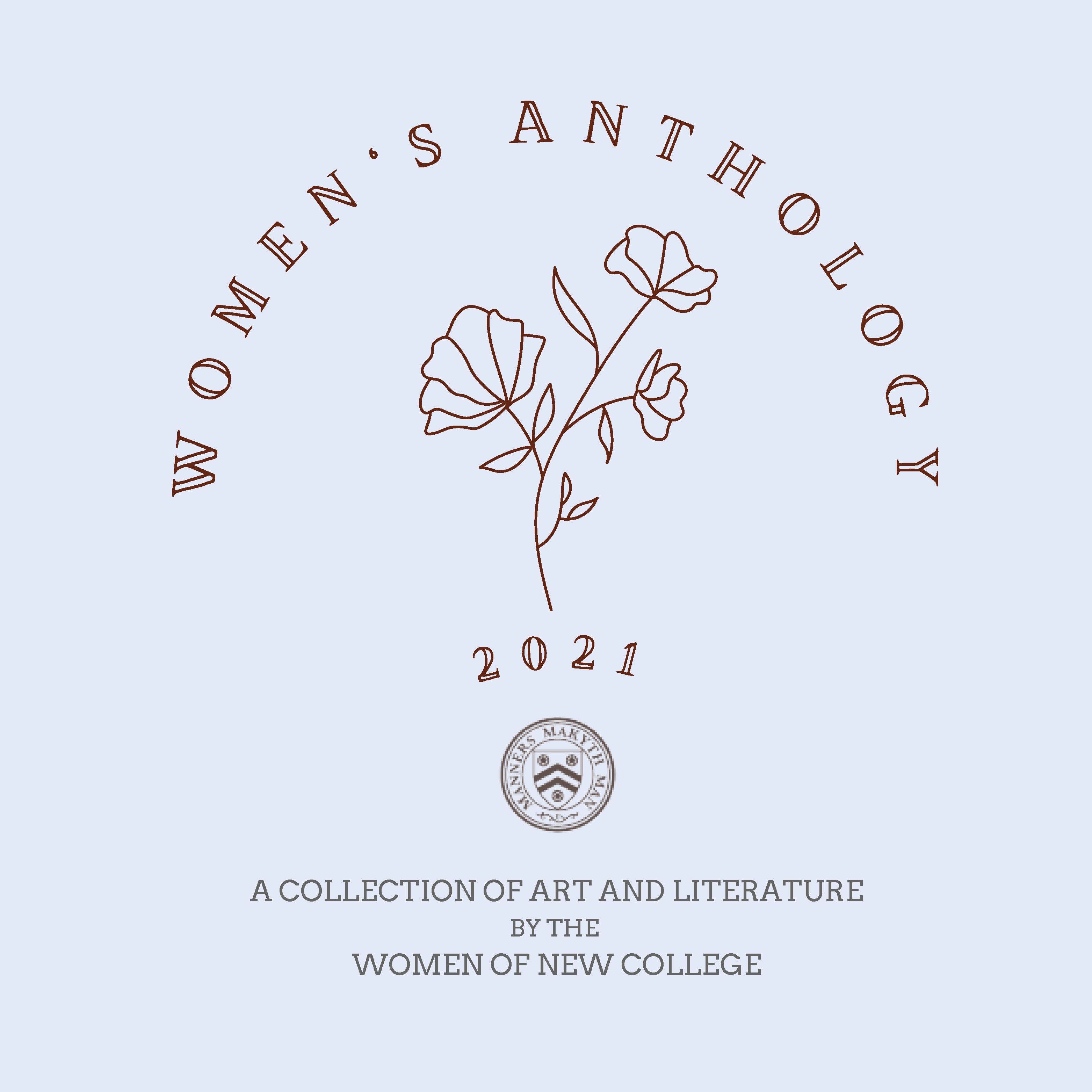 Drawn flowering plant surrounded by the words 'Women's Anthology 2021'