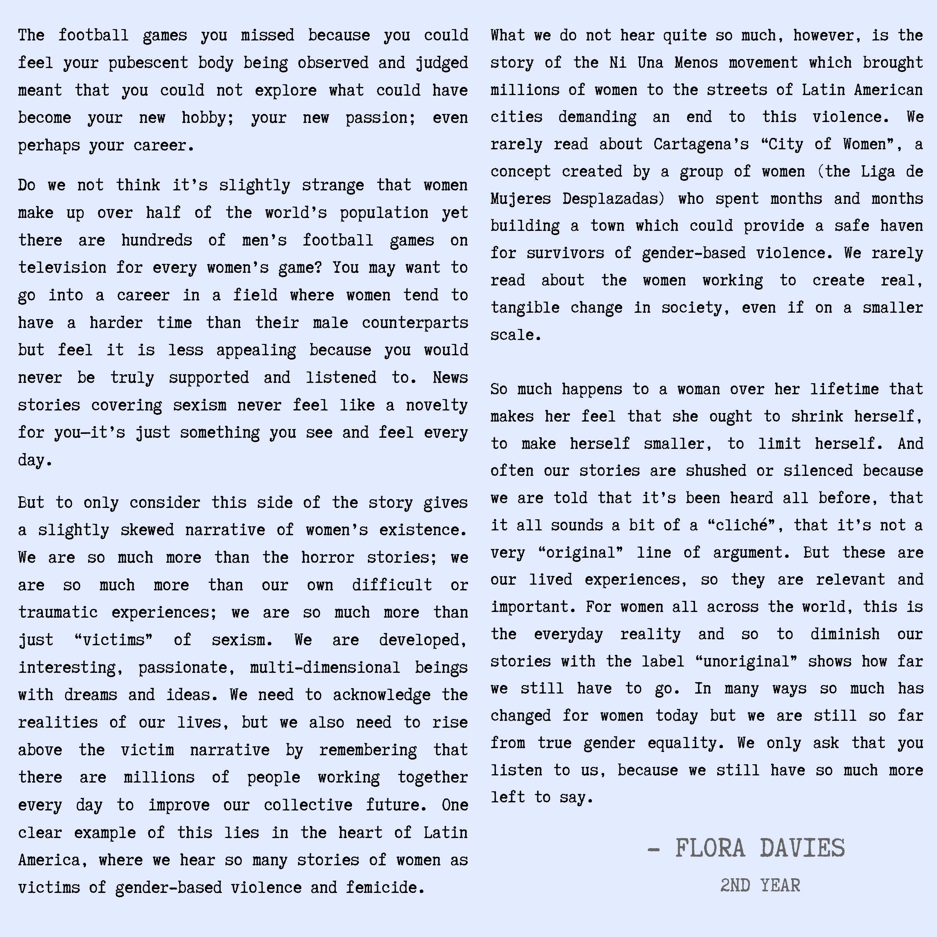 Flora Davies - 'Listen to us' written piece part 2