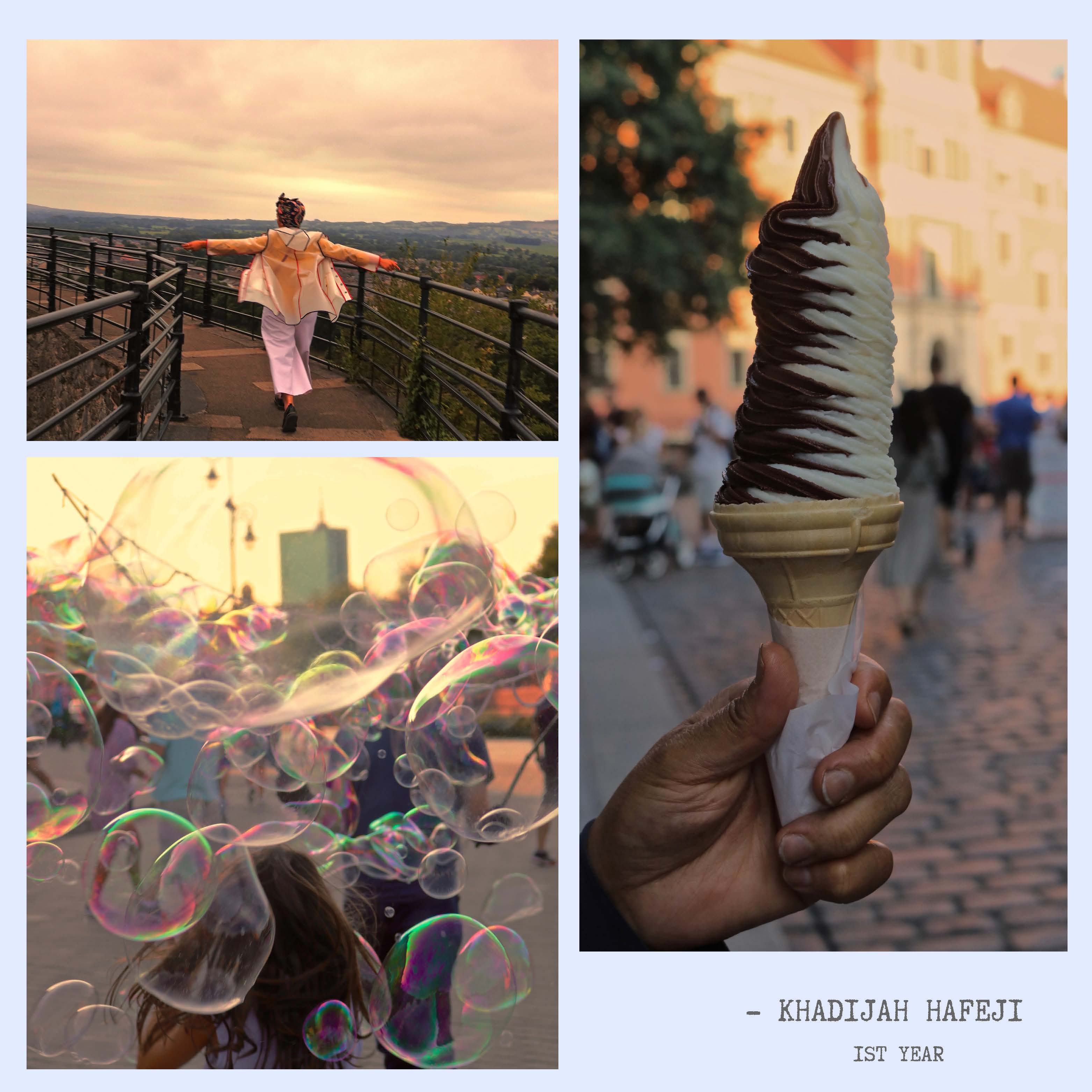 3 pictures: woman from behind with arms outstretched walking across a bridge; an ice cream held by the cone; a child blowing bubbles