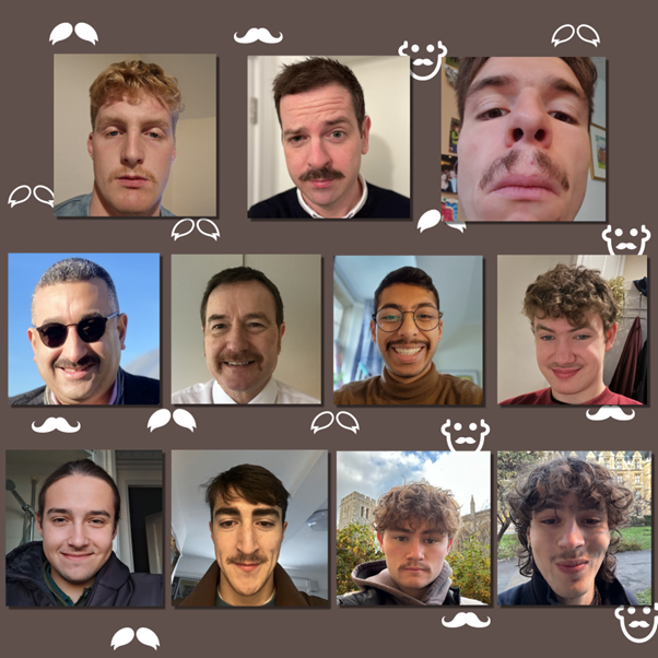 A collage of images of the New College Movember team with their fully grown moustaches