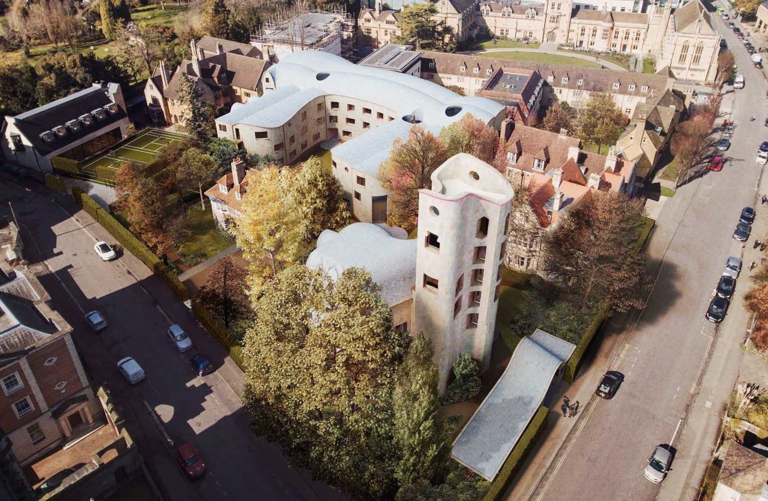An artist's aerial view of the Gradel Quadrangles