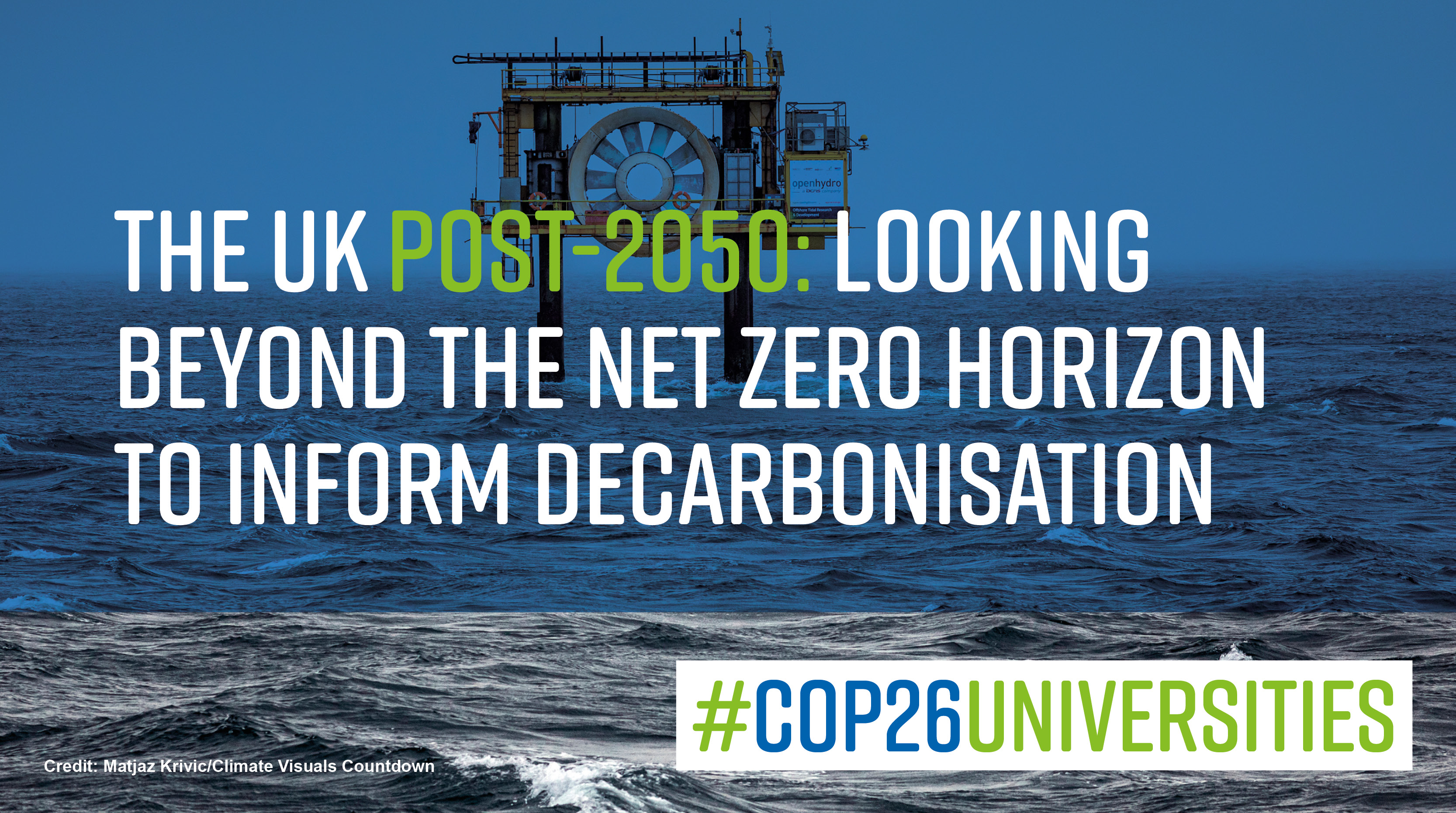 The ocean with overlaid text reading 'The UK post-2050: looking beyond the net zero horizon to inform decarbonisation'