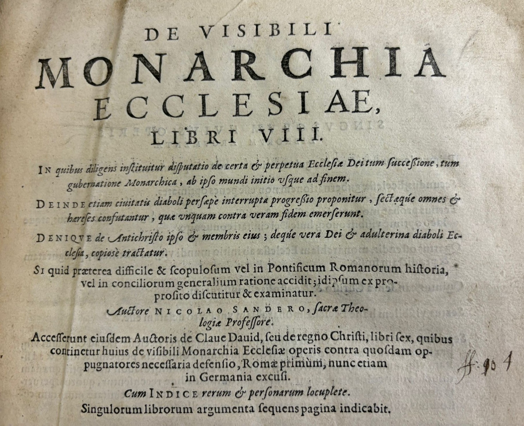 The printed title page of Nicholas Sanders’s ‘De Visibili Monachia Ecclesiae’