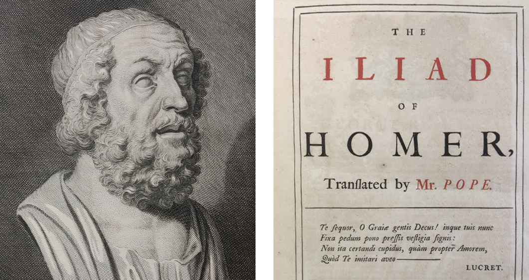 Bust engraving of Homer and title-page of the Iliad by Alexander Pope.