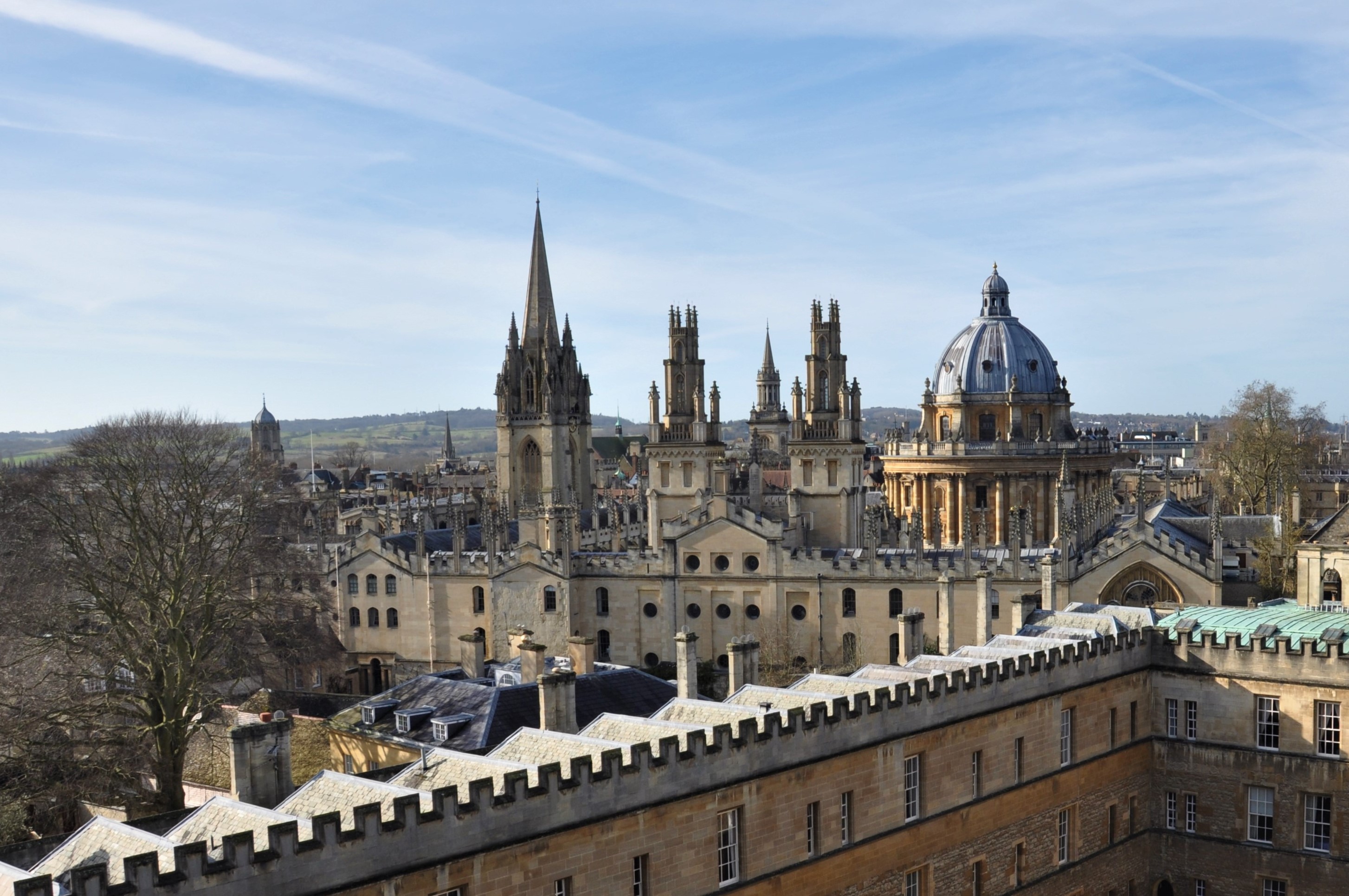 University Church, tower of All Souls College, Radcliffe Camera above the crenellations of New College Front Quad
