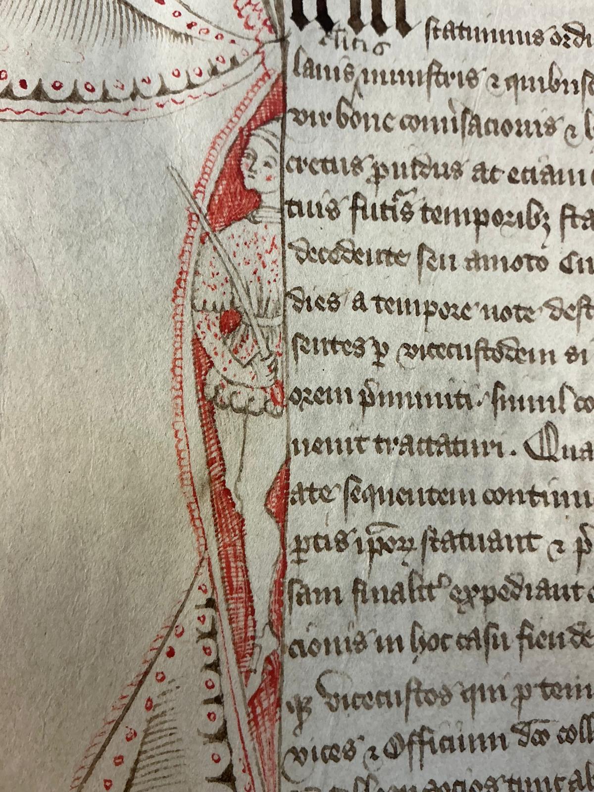An initial “I” which is partly formed of a brown and red ink drawing of a fancily dressed individual wearing a cap and pointed shoes, and carrying a sword.