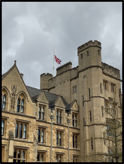 Union flag flying at half mast on the Robinson Tower