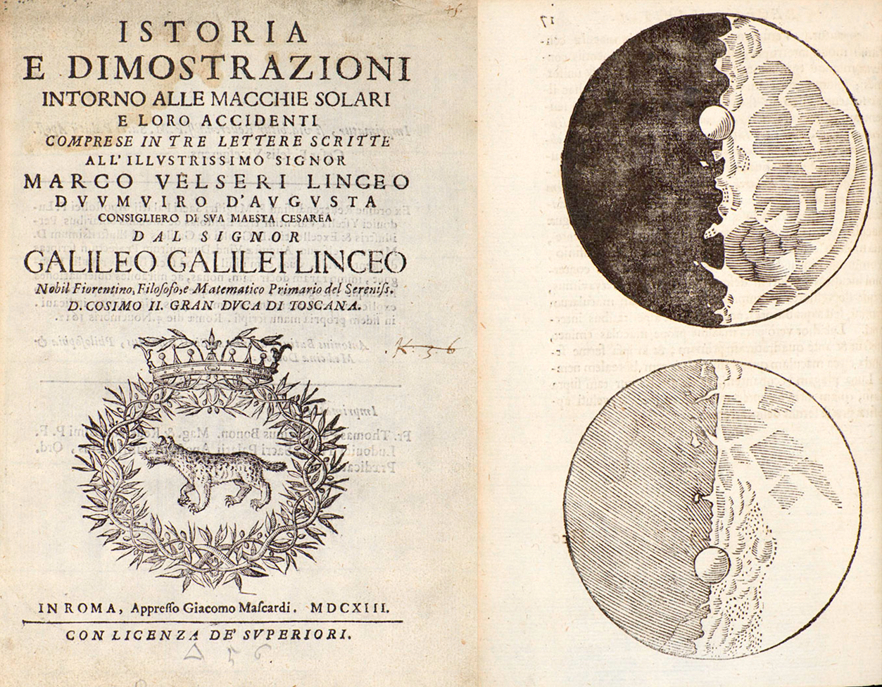 Left: Title-page of Letters on Sunspots. Right: Depiction of Galileo's telescopic observations of the moon from the Nuntius siderus.