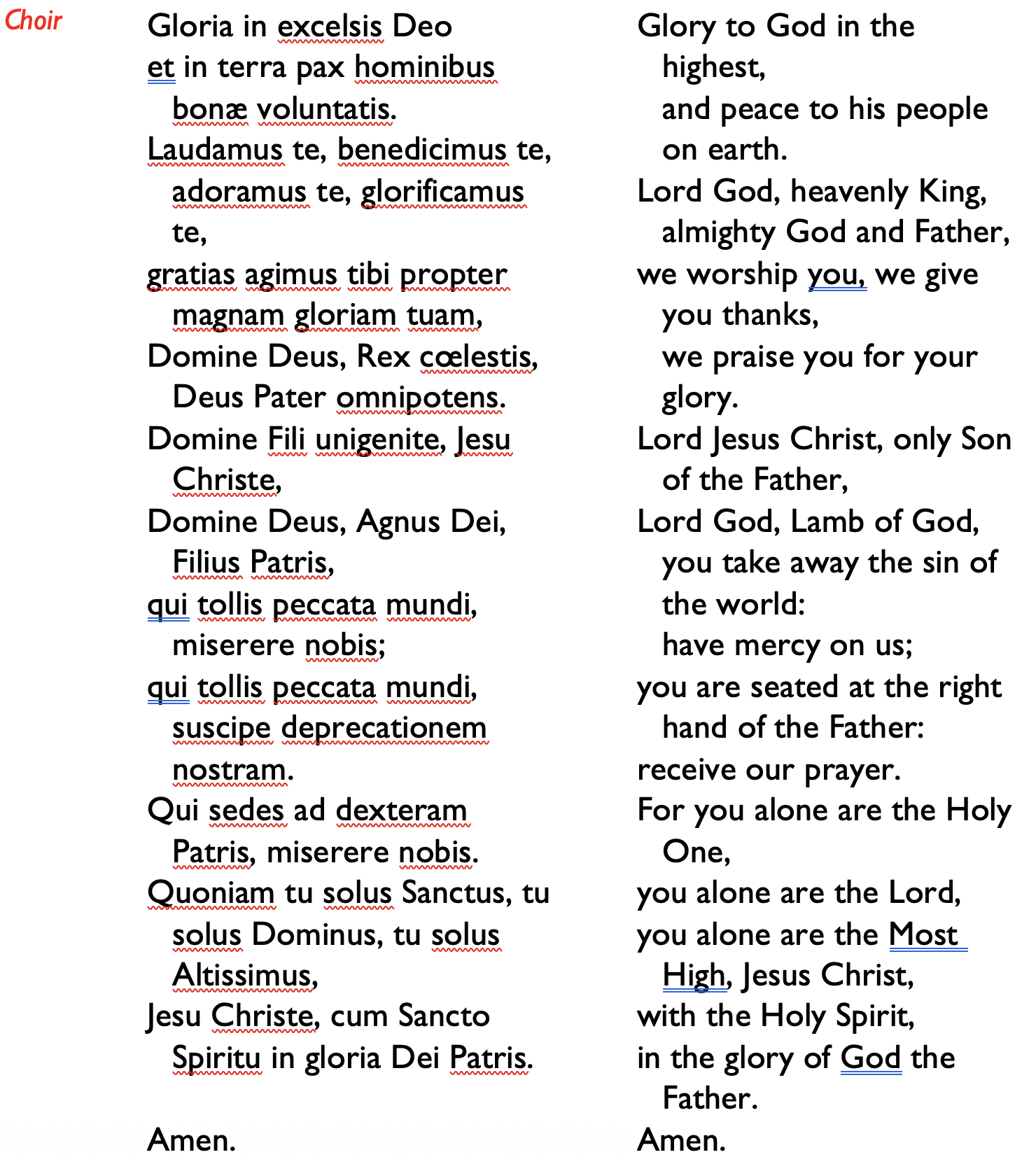 Translation of the Latin Gloria 
