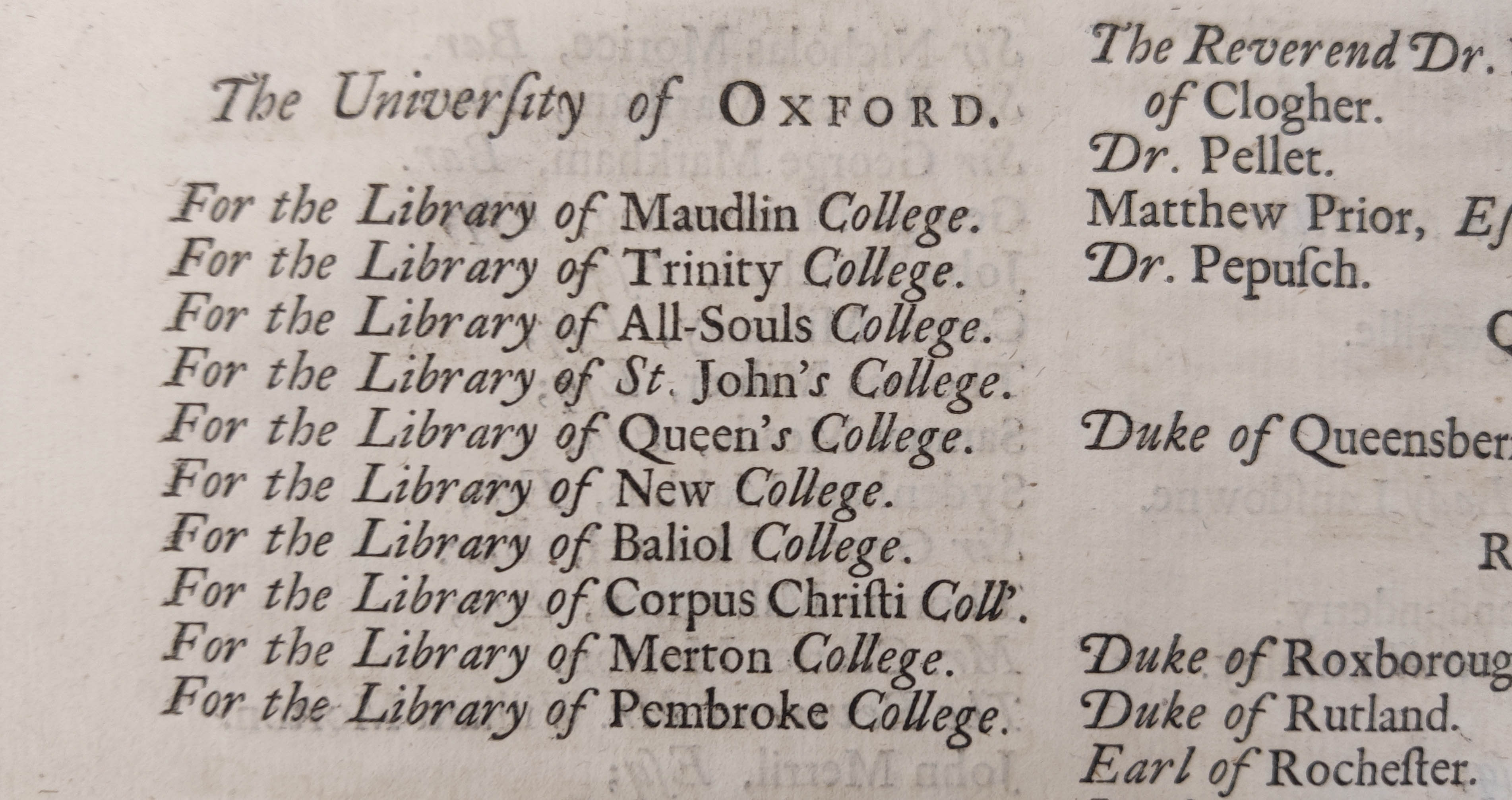 Subscription list, showing New College, Oxford